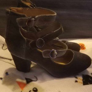 Grey velvet Mary jane heels with triple straps